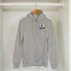 Grey static slammed car hoodie for men featuring colorful Urban Palm Trees Full Send graphic. Petrolhead streetwear sweatshirt with front pouch pocket.