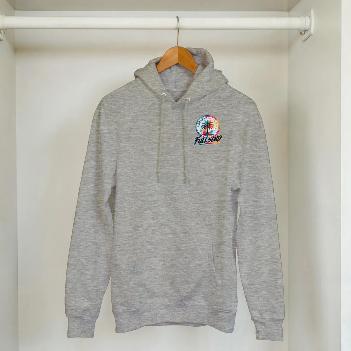 Grey static slammed car hoodie for men featuring colorful Urban Palm Trees Full Send graphic. Petrolhead streetwear sweatshirt with front pouch pocket.