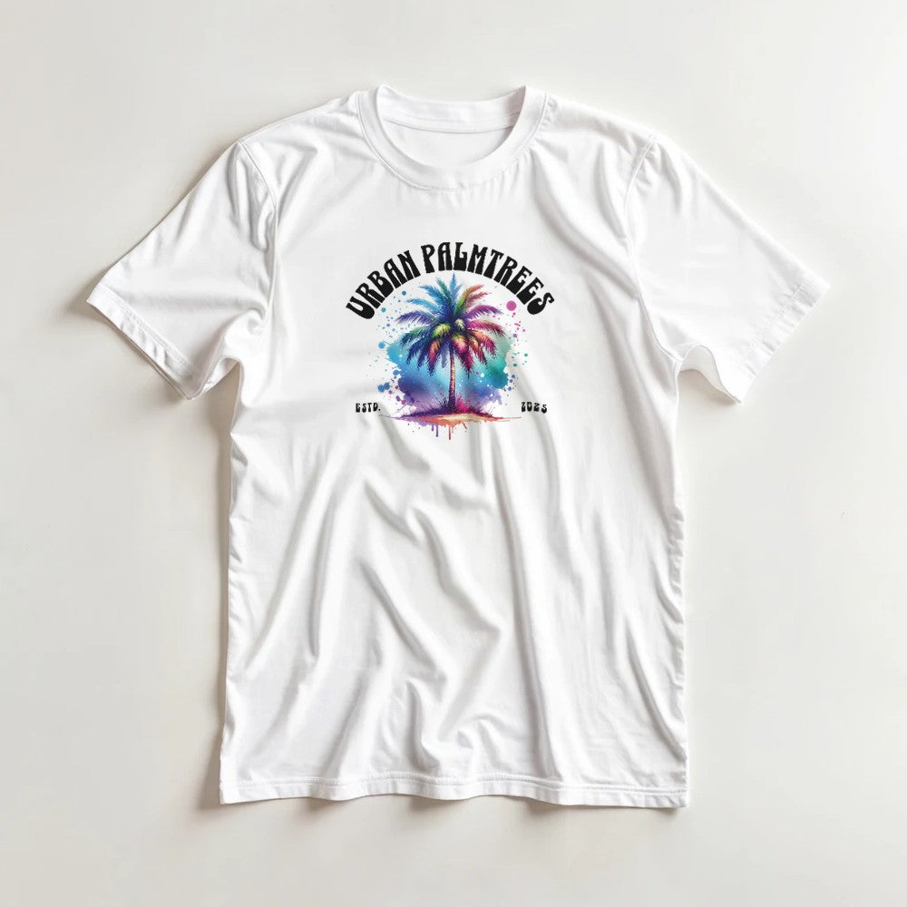 White men's t-shirt with a colorful palm tree watercolor graphic and curved 'Urban Palmtrees' text.