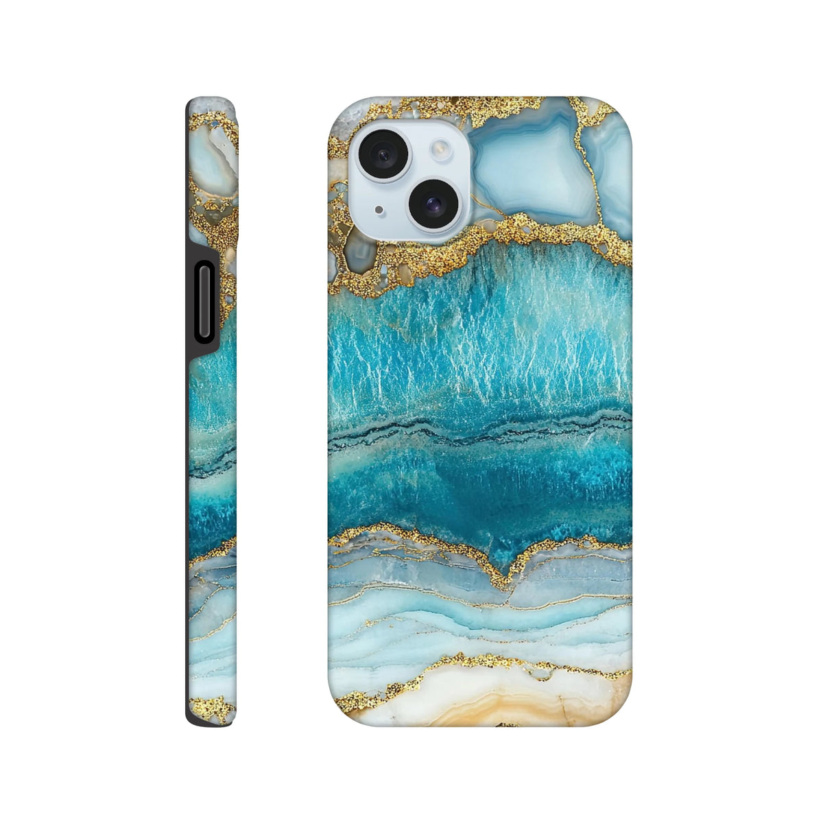 Teal and gold marble iPhone case with blue agate pattern and protective tough edge for models 13-16.