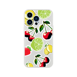Transparent iPhone case featuring a sticker-style design with cherries, limes, lemons, and strawberries for slim, refreshing protection.