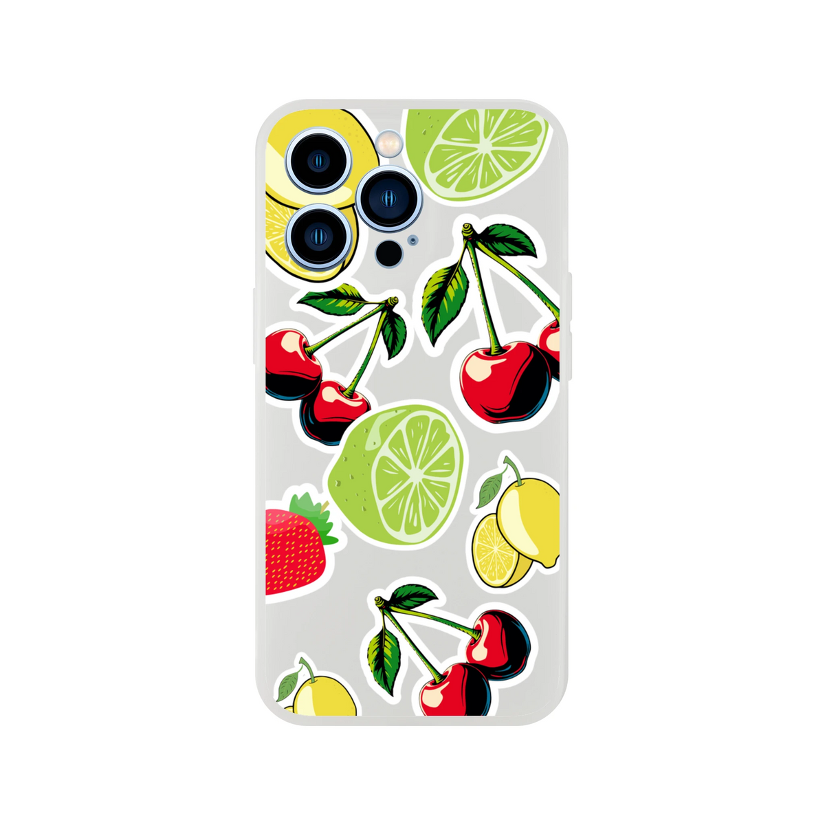Transparent iPhone case featuring a sticker-style design with cherries, limes, lemons, and strawberries for slim, refreshing protection.