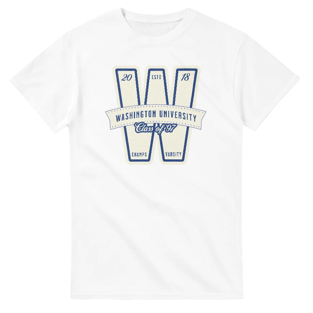 White women's Washington University graphic T-shirt in a soft cotton blend with blue varsity W and Class of 97 banner.