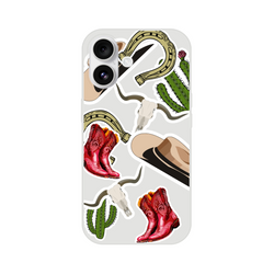 Western phone case featuring red cowboy boots, cactus, horseshoe, and longhorn skull in a sticker collage style. Shockproof cover for iPhone 13-16.