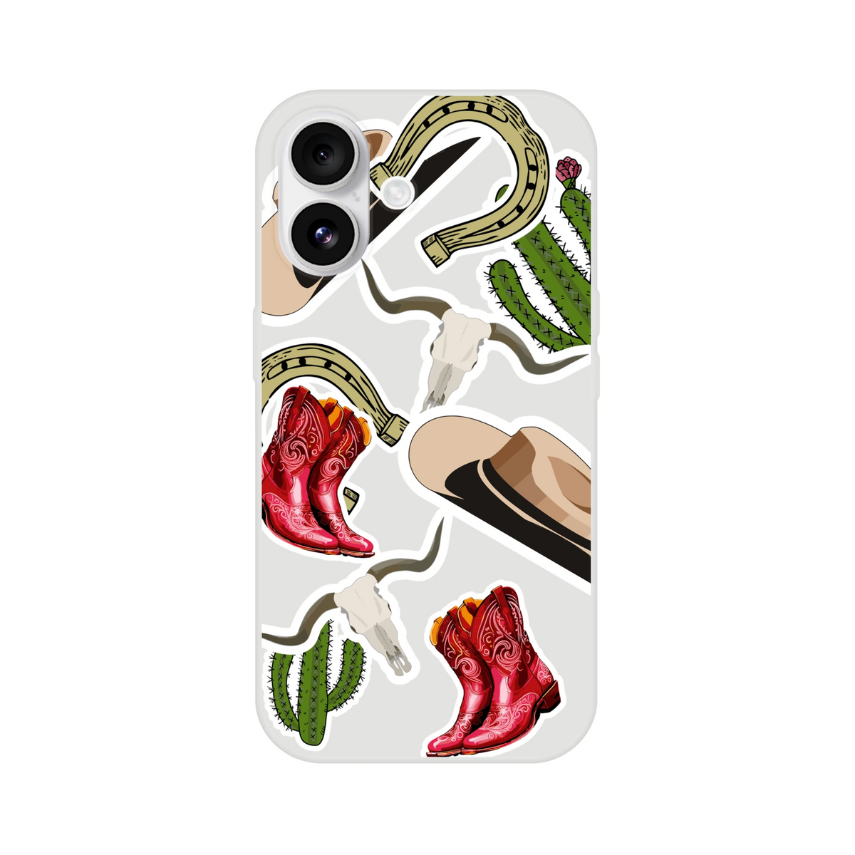 Western phone case featuring red cowboy boots, cactus, horseshoe, and longhorn skull in a sticker collage style. Shockproof cover for iPhone 13-16.