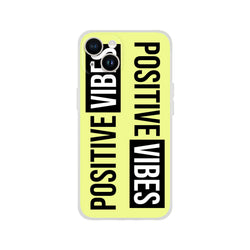 Cute Positive Vibes iPhone case (13-16) with bold black 'POSITIVE VIBES' slogan on a yellow background