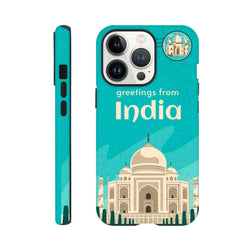 Turquoise India Taj Mahal postcard iPhone Case (13-16), wraparound travel cover with Taj Mahal graphic