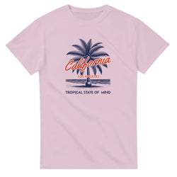 Pink women's graphic T-shirt with navy palm tree, California script, Los Angeles, and Tropical State of Mind.