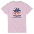Pink women's graphic T-shirt with navy palm tree, California script, Los Angeles, and Tropical State of Mind.