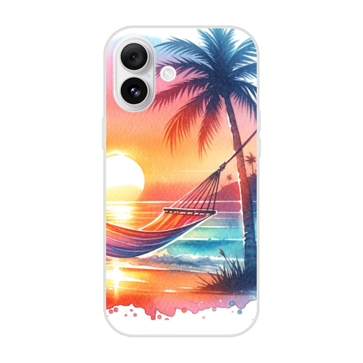 Tropical beach sunset iPhone case with palm trees and a hammock in vibrant coastal colors.