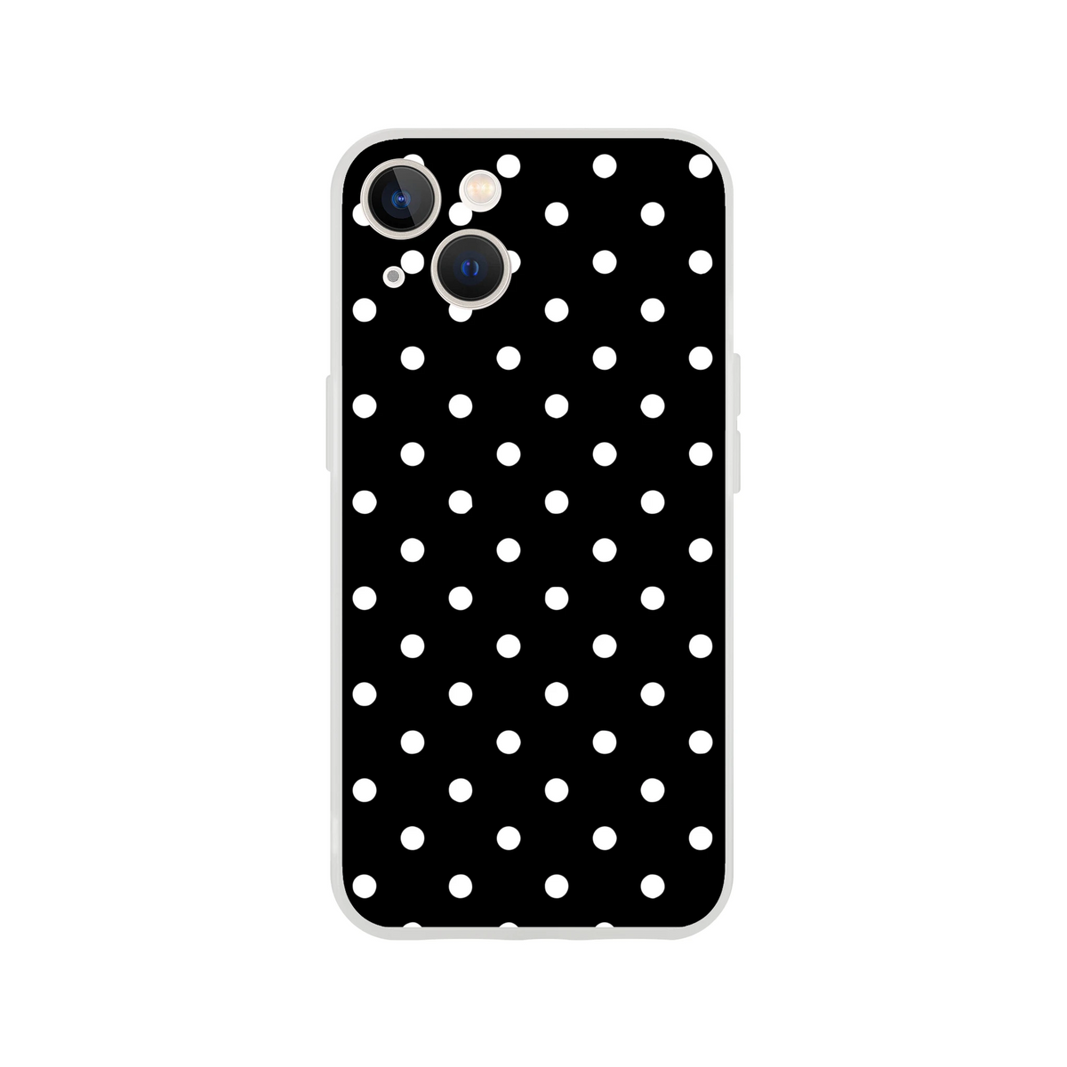 Retro black and white polka dot iPhone case with slim matte TPU shell for drop protection and wireless charging compatibility.