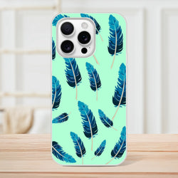 Mint-green iPhone case with blue feather motif, slim matte shell for iPhone 13-16.
