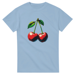 Light blue retro cherry graphic tee for women featuring a vintage fruit motif with green leaves and stems.