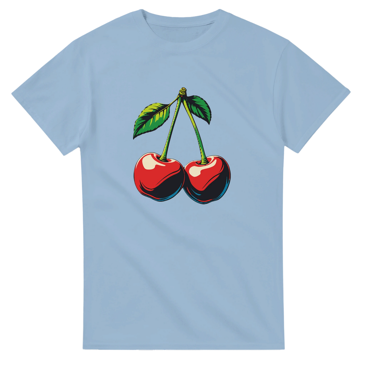 Light blue retro cherry graphic tee for women featuring a vintage fruit motif with green leaves and stems.