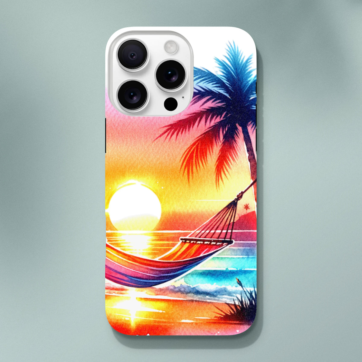 Vibrant tropical sunset iPhone case featuring a palm tree and hammock over ocean waves with shock-absorbing protection.