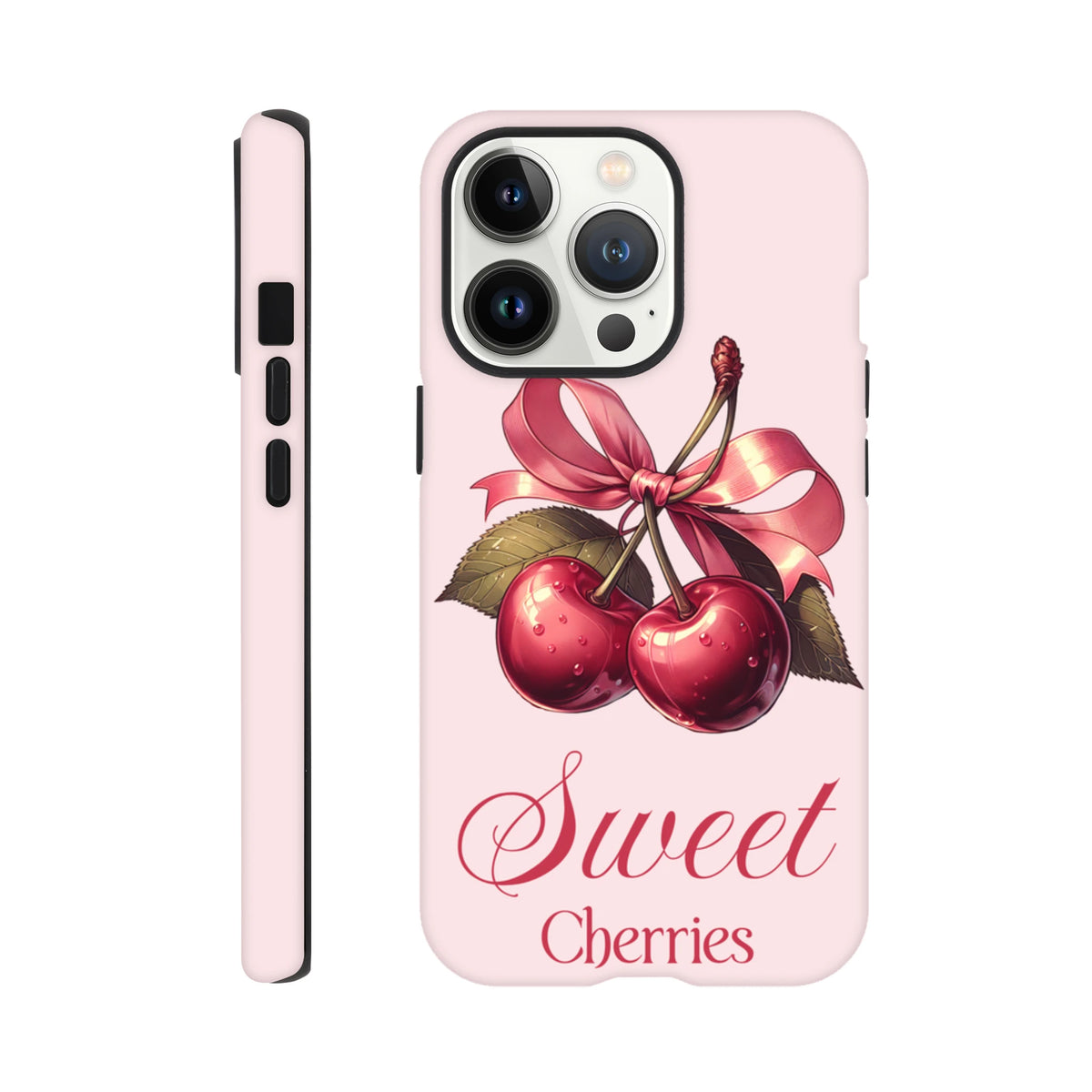 Pink phone case featuring retro red cherries tied with a pink bow and Sweet Cherries text in cursive script.