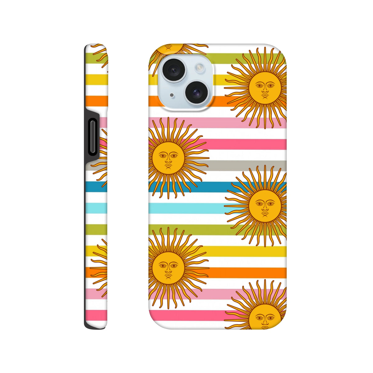 Retro sun stripe iPhone case featuring golden celestial suns with faces on colorful horizontal stripes for durable daily protection.