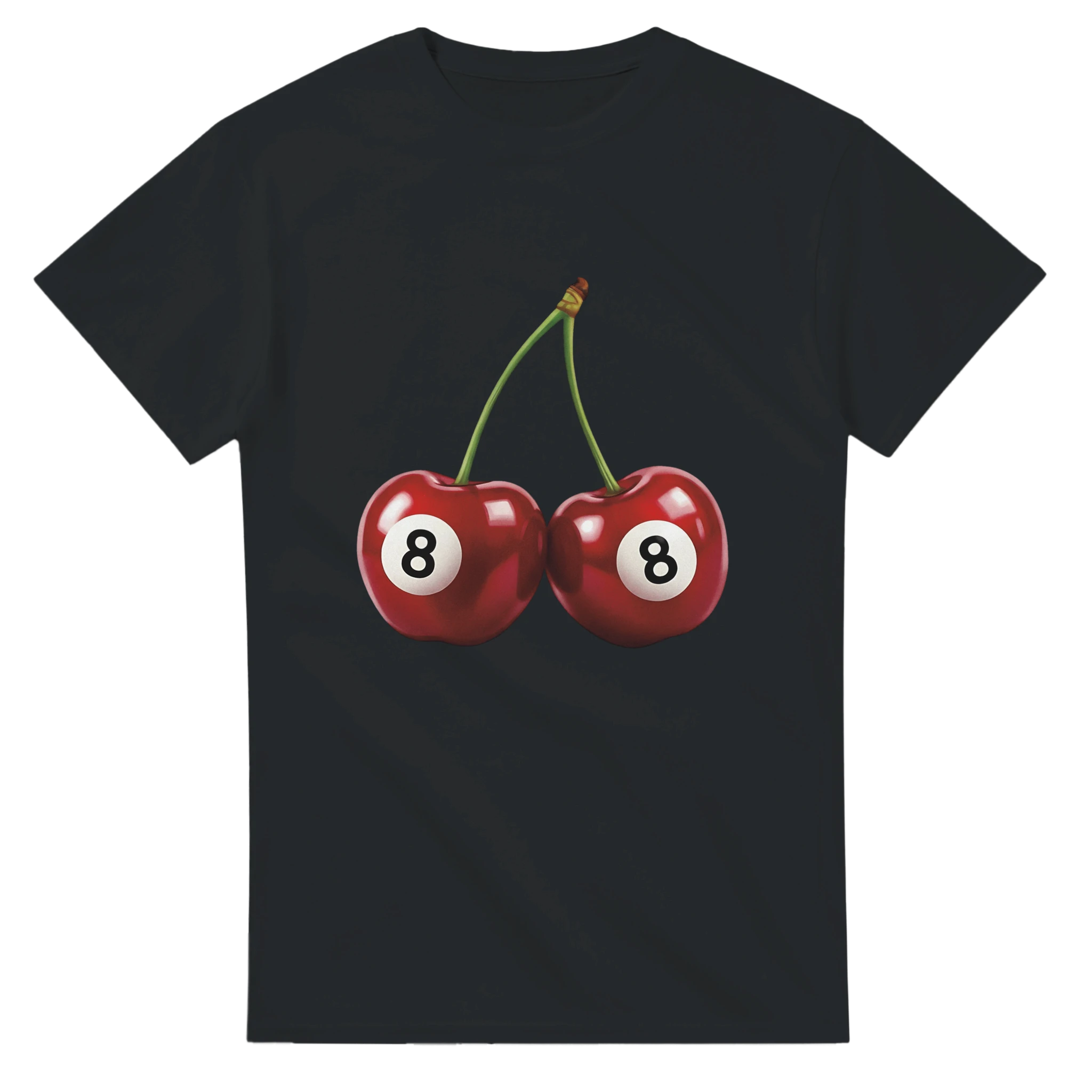 Black women's cotton T-shirt with twin cherries graphic, each cherry has a white circle with the number 8.