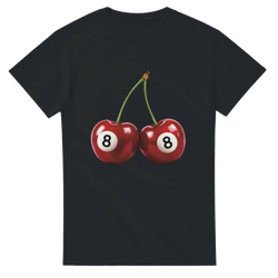 Black women's cotton T-shirt with twin cherries graphic, each cherry has a white circle with the number 8.