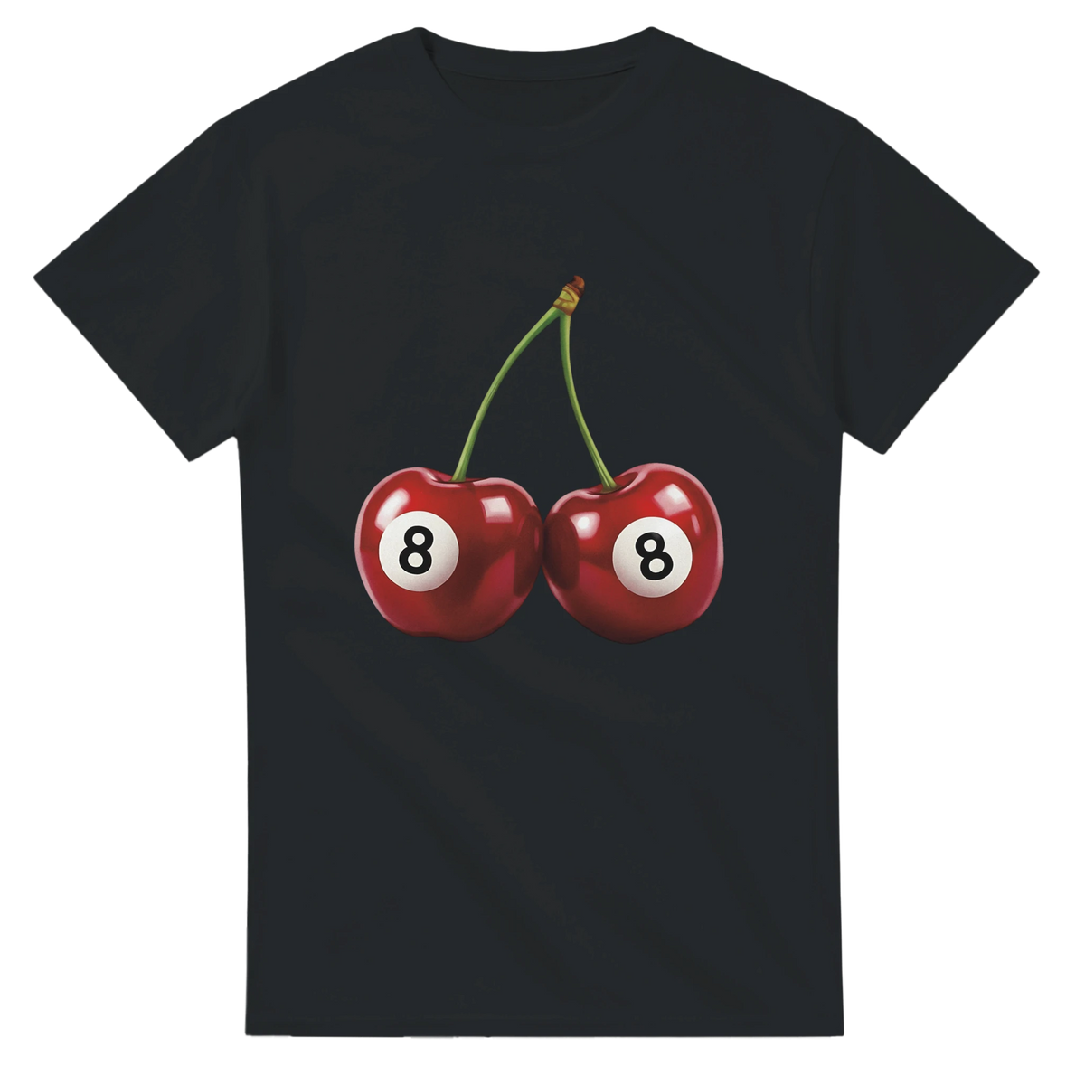 Black women's cotton T-shirt with twin cherries graphic, each cherry has a white circle with the number 8.