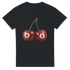 Black women's cotton T-shirt with twin cherries graphic, each cherry has a white circle with the number 8.