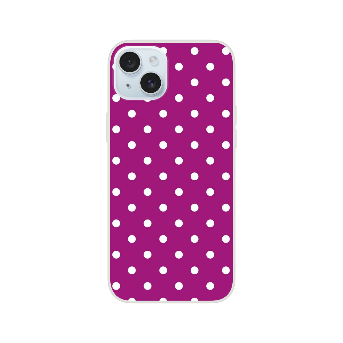 Retro purple and white polka dot iPhone case with matte finish. Shock-absorbing TPU phone cover for models 13-16.