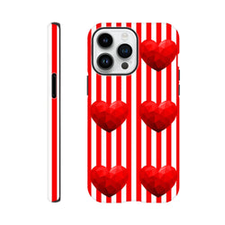 Retro red and white vertical stripe iPhone case featuring geometric low-poly love hearts and tough impact resistance.