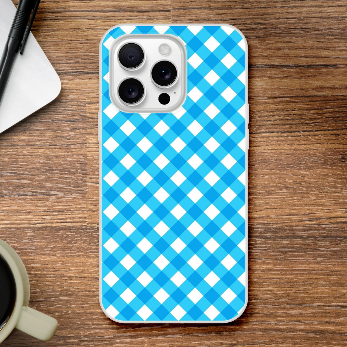 Blue gingham iPhone case (13-16) with a preppy checkered aesthetic for everyday style.