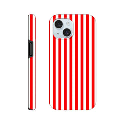 Retro red and white vertical striped tough phone case with wraparound design for iPhone 13-16 durability.