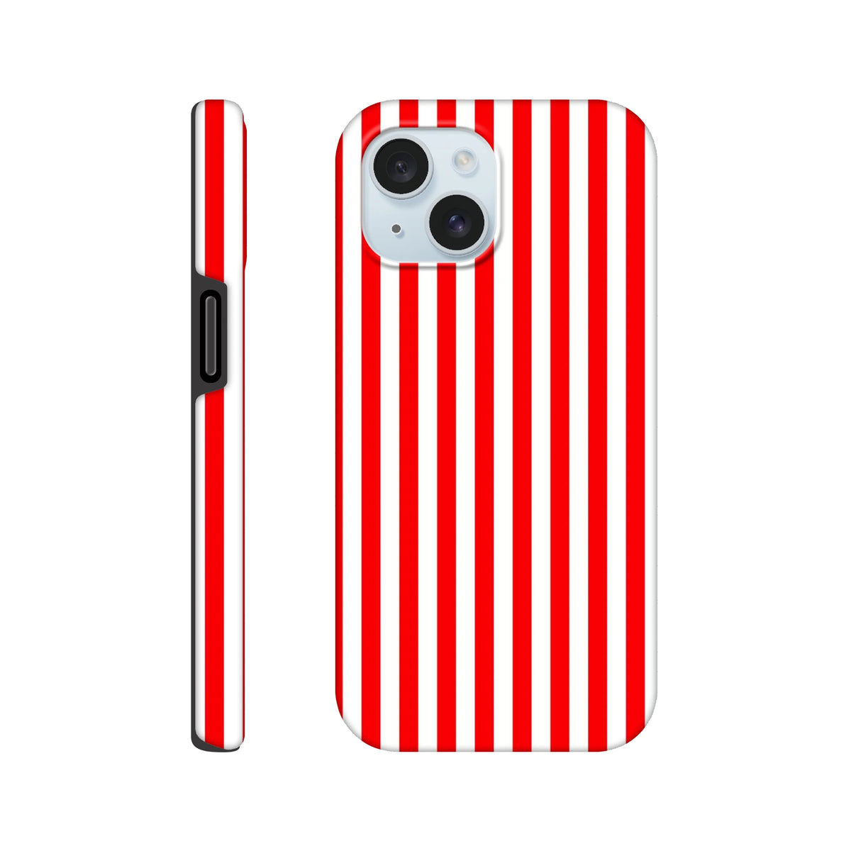 Retro red and white vertical striped tough phone case with wraparound design for iPhone 13-16 durability.
