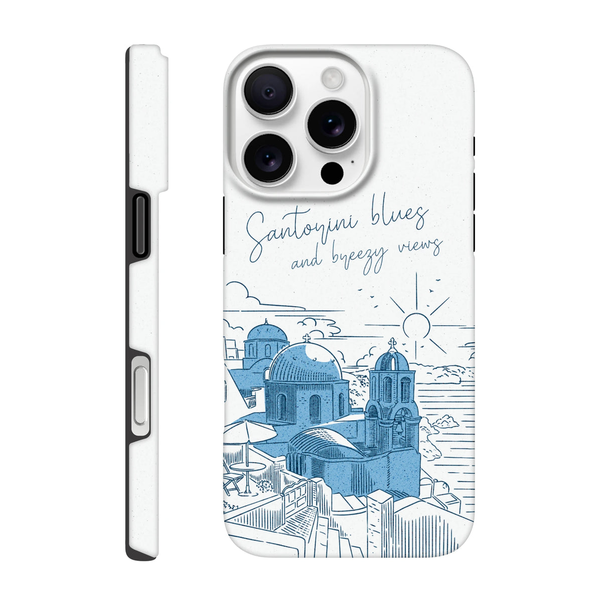 Tough iPhone case featuring a blue line-art Santorini illustration with domed churches and "Santorini blues and breezy views" text.