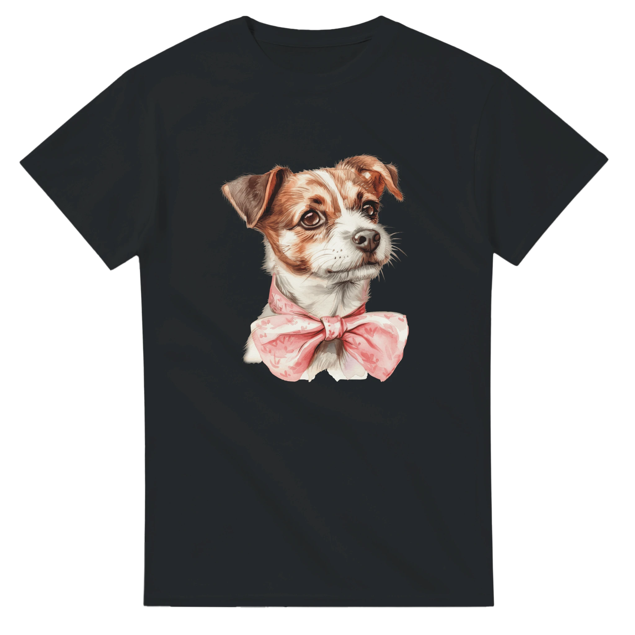 Watercolor-style dog portrait on a black women's soft cotton blend tee with a pink bow tie.