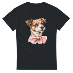 Watercolor-style dog portrait on a black women's soft cotton blend tee with a pink bow tie.