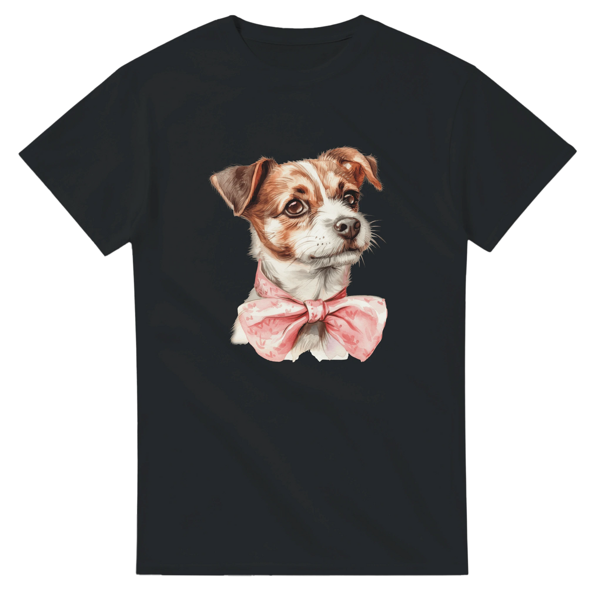Watercolor-style dog portrait on a black women's soft cotton blend tee with a pink bow tie.