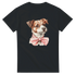 Watercolor-style dog portrait on a black women's soft cotton blend tee with a pink bow tie.