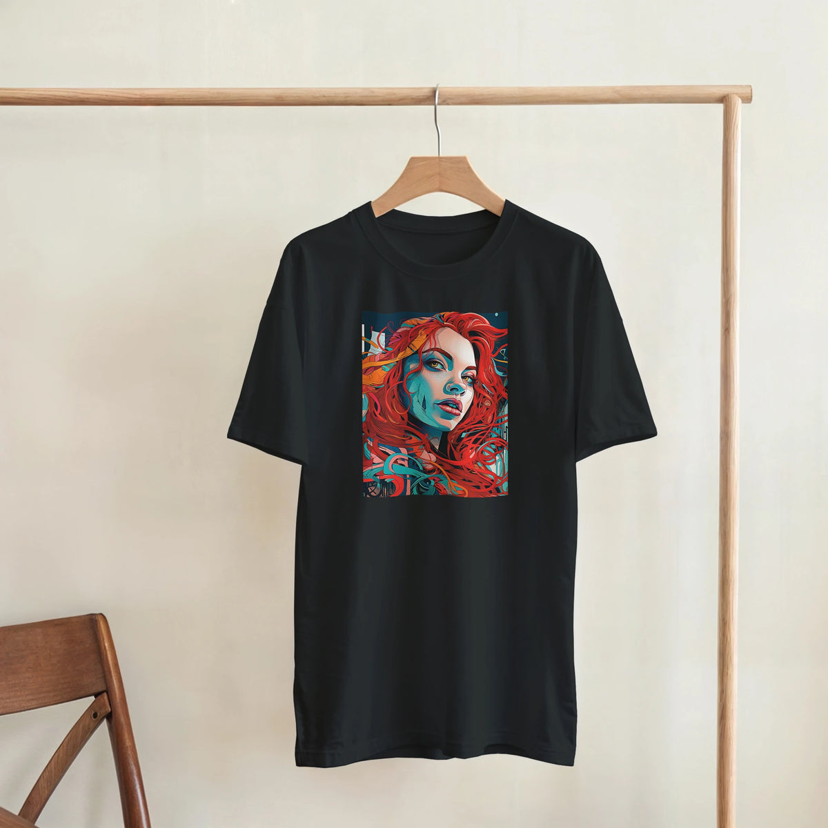Black men's t-shirt featuring a bold artistic streetwear graphic of a redhead woman with vibrant blue shading and swirling red hair.