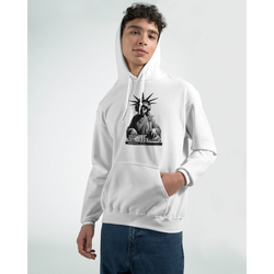 Model wearing white Liberty DJ men's graphic hoodie with black Statue of Liberty DJ graphic on chest