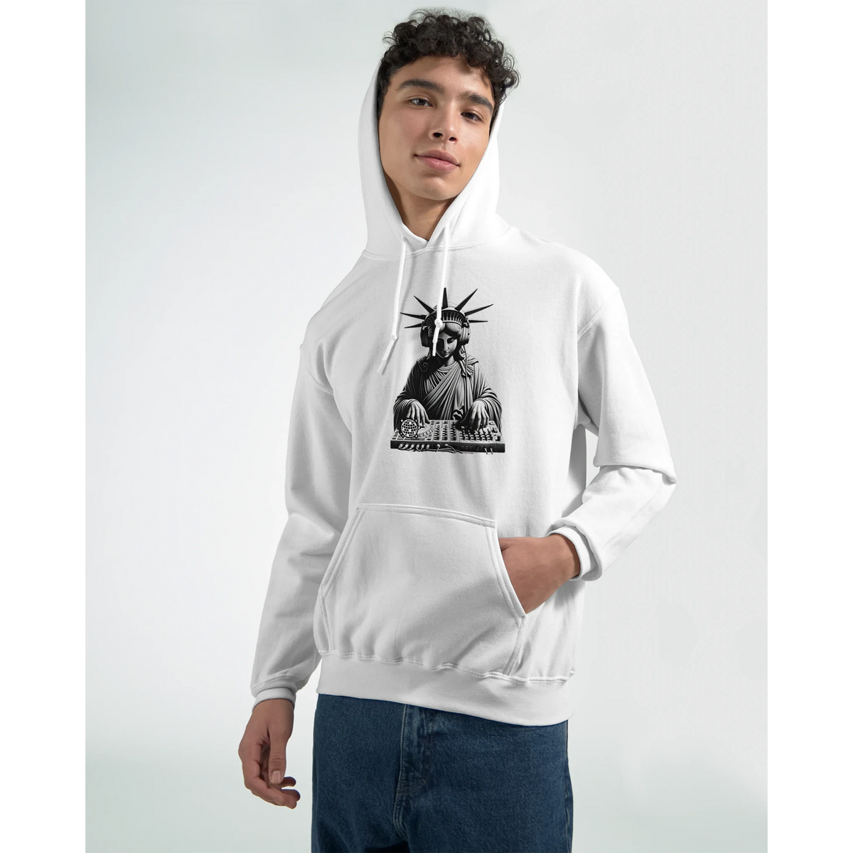 Model wearing white Liberty DJ men's graphic hoodie with black Statue of Liberty DJ graphic on chest
