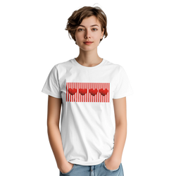 Woman wearing Red Stripe Heart Graphic T-Shirt for Women; white tee with red stripes and heart graphic.