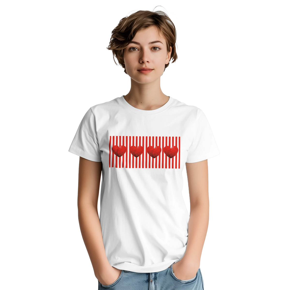 Woman wearing Red Stripe Heart Graphic T-Shirt for Women; white tee with red stripes and heart graphic.