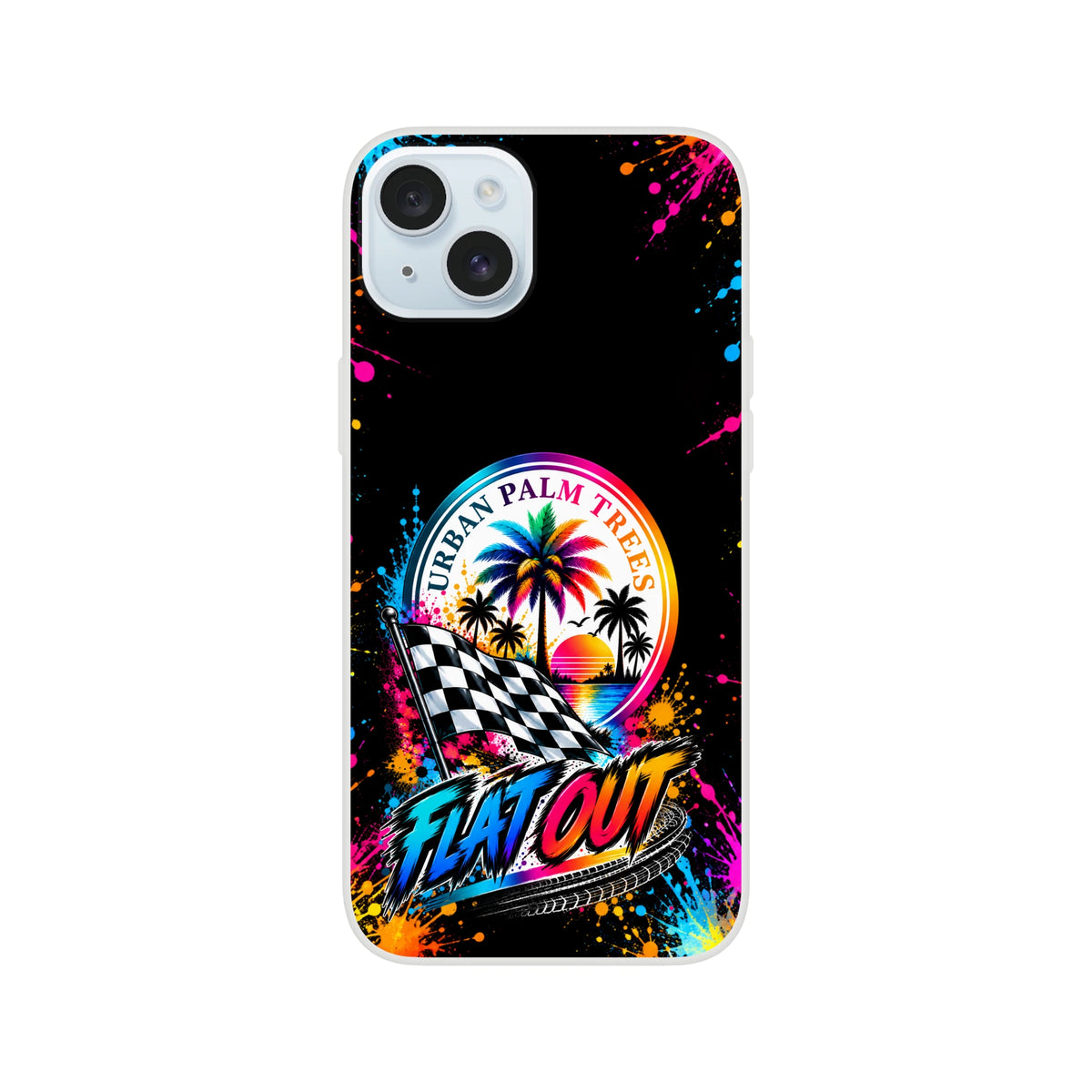 Flat Out Petrolhead iPhone case with checkered flag, palm trees, and colorful paint splatters on black background.