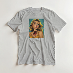 Vintage pin-up graphic on a gray men's T-shirt, retro Americana streetwear style.