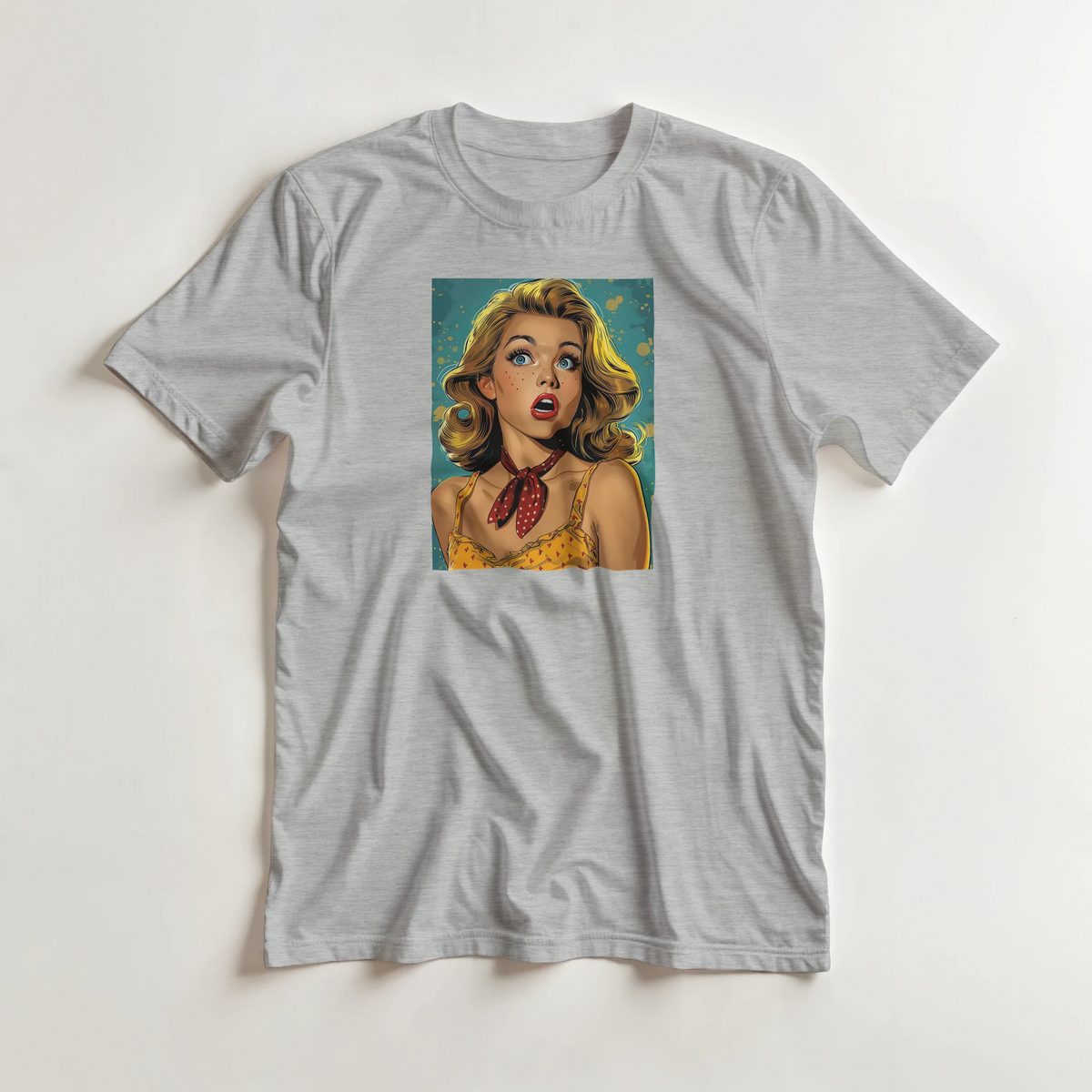 Vintage pin-up graphic on a gray men's T-shirt, retro Americana streetwear style.
