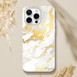 Gold and cream marble iPhone case (iPhone 13–16) with luxury abstract aesthetic.