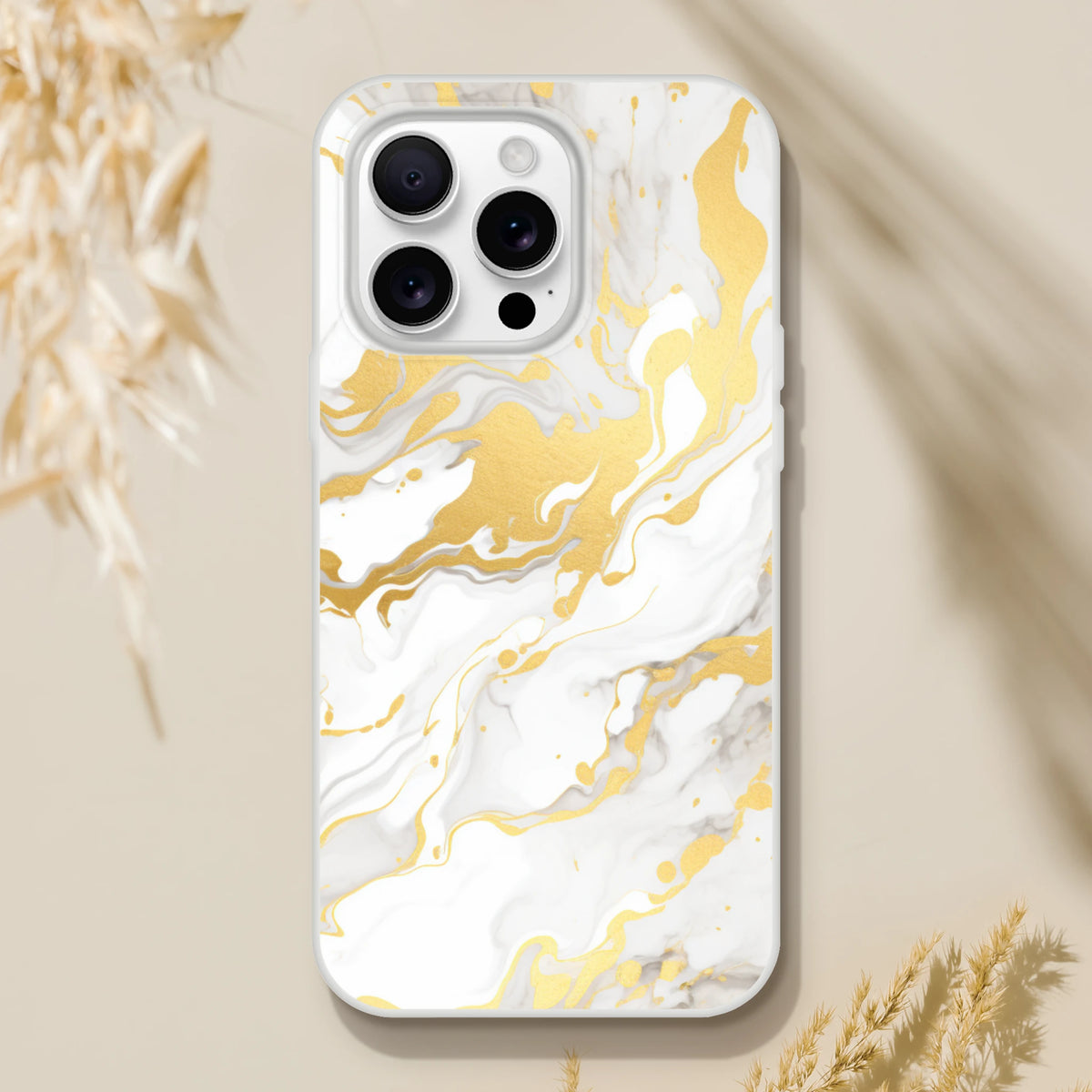 Gold and cream marble iPhone case (iPhone 13–16) with luxury abstract aesthetic.