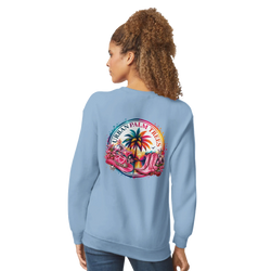 Light blue women's sweatshirt featuring a retro tropical back print with pink cowboy boots, palm trees, and disco balls.