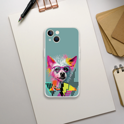 Funny dog iPhone case with colorful retro dog wearing pink glasses on teal background.