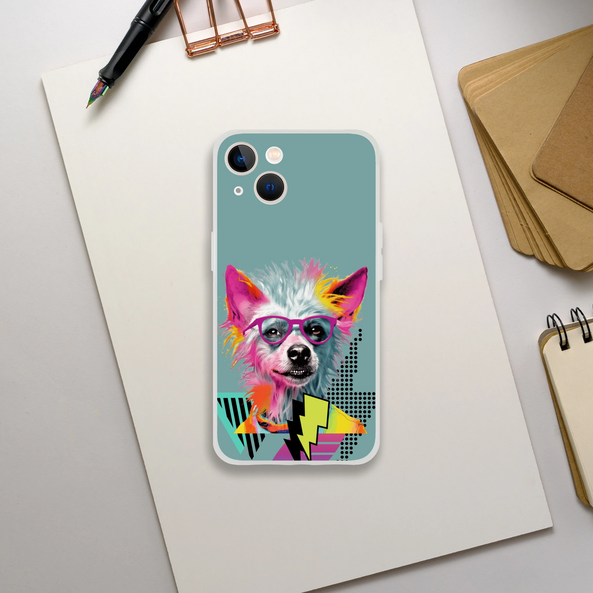 Funny dog iPhone case with colorful retro dog wearing pink glasses on teal background.