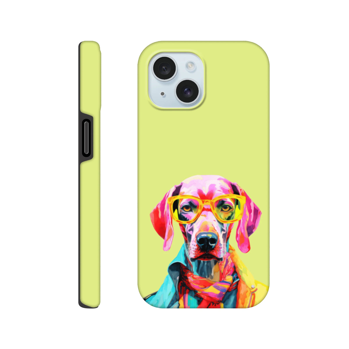 Vibrant pop art dog phone case featuring a colorful dog in yellow glasses and jacket on a lime green background.