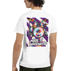 White tee back print featuring a colorful retro drum kit with palm tree graphic and "Made To Make Noise" text.